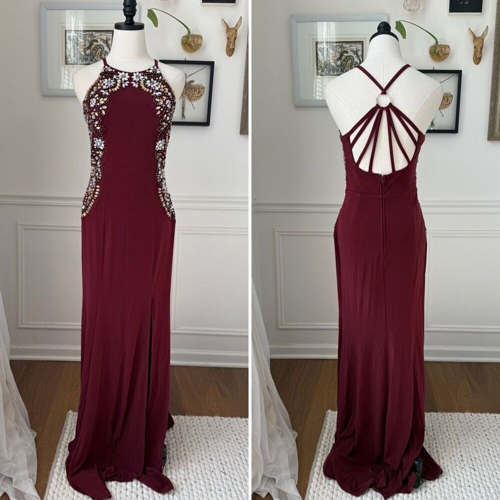 Y2K Speechless Burgundy Embellished Strappy Back Formal Gown 9 M